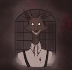 anthro big_ears black_nose blood blood_in_mouth blood_on_clothing blood_on_face blood_on_shirt blood_on_teeth bodily_fluids brown_background brown_body brown_fur clenched_teeth clothed clothing creepy fur long_neck long_teeth looking_at_viewer male nightmare_fuel sharp_teeth simple_background simple_eyes skinny solo soulless_eyes suspenders teeth white_eyes wide_eyed window apollinaria_fh leenie_boog leenie_boog_(character) canid canine demon fox mammal 2021 bust_portrait hi_res portrait