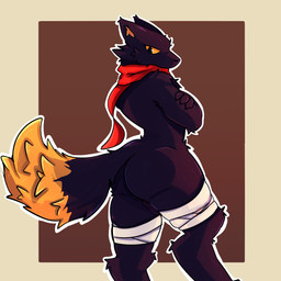anthro bandage black_body black_fur fur male orange_body orange_eyes orange_fur scarf simple_background solo k0_bemy casualties:_unknown expie_(gunsawian) gunsawian 1:1 hi_res