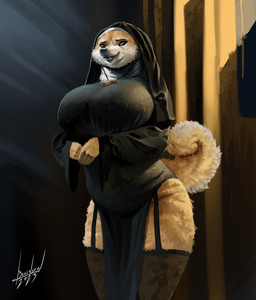 4_fingers anthro big_breasts black_clothing black_legwear black_nose black_stockings black_topwear breasts brown_eyes claws clothed clothing cross cross_necklace female fingers fur garter_straps huge_breasts jewelry legwear necklace nun nun_habit nun_outfit open_mouth religious_clothing smile solo stockings tail tan_body tan_fur teeth text thigh_highs tongue topwear blulesnsfw dogelore canid canine canis domestic_dog mammal shiba_inu spitz 2023 absurd_res artist_name digital_media_(artwork) hi_res portrait