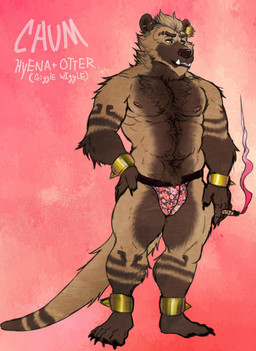 anthro arm_markings brown_body brown_fur brown_nose cigarette clothed clothing ear_piercing ear_ring fangs front_view fur hair hand_on_hip holding_cigarette holding_object industrial_piercing jockstrap leg_markings looking_aside male markings mouth_closed muscular muscular_anthro muscular_male nipples pecs piercing ring_piercing short_hair solo standing tan_body tan_fur tan_hair teeth topless underwear yellow_eyes chumbasket chumbasket_(character) hybrid hyena mammal mustelid otter full-length_portrait hi_res portrait