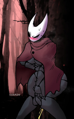 anthro blush bodily_fluids breasts cape clothing female forest forest_background genital_fluids peeing peeing_on_ground plant red_cape red_clothing solo sweat thick_thighs tree urine urine_on_ground kanaii hollow_knight_(franchise) team_cherry hornet_(hollow_knight) animal_humanoid arachnid arachnid_humanoid arthropod arthropod_humanoid humanoid