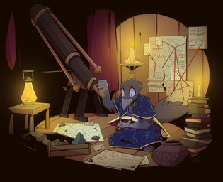 book chart solo star star_chart studying telescope bbsartboutique avian bird corvid corvus_(genus) crow oscine passerine raven absurd_res hi_res