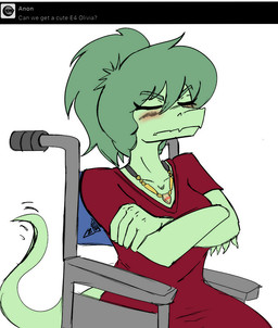 annoyed anthro blush breasts clothed clothed_anthro clothed_female clothing crossed_arms disability dress eyes_closed female fingers frown green_body green_hair hair humanoid_hands jewelry long_hair narrowed_eyebrows necklace non-mammal_breasts paraplegic red_clothing red_dress simple_background sitting solo tail tail_motion tailwag text vehicle wheelchair white_background jacket_ignites cavemanon_studios i_wani_hug_that_gator olivia_halford baryonyx dinosaur prehistoric_species reptile saurischian scalie spinosaurid theropod colored english_text half-length_portrait portrait