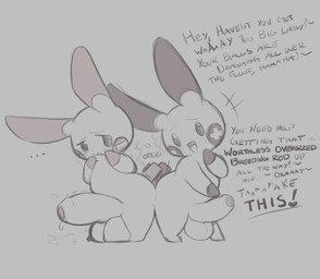ass_to_ass balls big_balls big_penis big_penis_humiliation bodily_fluids chibi duo embarrassed foreskin genital_fluids genitals huge_balls huge_penis humiliation hyper hyper_genitalia hyper_penis leaking leaking_precum male male/male penis penis_humiliation precum semi-anthro size_difference smug text yuta1cc nintendo pokemon generation_3_pokemon minun plusle pokemon_(species) english_text hi_res