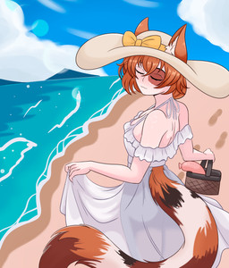 clothing dress female hair hat headgear headwear orange_hair sand sea solo waffle_(arisu_art) water invz art_fight felid feline mammal invalid_tag absurd_res hi_res