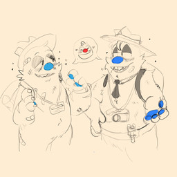 accessory ambiguous_gender anthro backpack band-aid band-aid_on_arm band-aid_on_face band-aid_on_leg bandage bandage_on_face blue_nose blue_pawpads blush camera claws clothing eyes_closed fedora footwear group hair half-closed_eyes hand_on_hip hand_on_own_hip happy hat headgear headwear heart_symbol looking_at_another male name_tag narrowed_eyes necktie pawpads pin_accessory pin_button red_nose smile speech_bubble standing sweater sweater_vest teeth tongue topwear trio vest shaibey bugsnax young_horses filbo_fiddlepie the_journalist_(bugsnax) grumpus 1:1 2022 digital_media_(artwork) hi_res procreate_(artwork) sketch nonbinary_(lore)