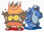 ambiguous_gender anthro duo fire flaming_hair flaming_mane looking_at_viewer pseudo_hair pseudo_mane red_eyes simple_background slightly_chubby standing tekimi nintendo pokemon emboar generation_5_pokemon mammal pokemon_(species) seismitoad suine