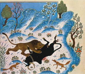 1430 attack black_body brown_body brown_fur feral fight flower fur grass group hooves horn jackel male on_ground open_mouth orange_body orange_fur outside paws plant reeds tail tree unknown_artist kalila_wa_dimna dimna_(kalila_wa_dimna) kalila_(kalila_wa_dimna) bovid bovine cattle felid lion mammal pantherine 15th_century ancient_art english_description hi_res traditional_media_(artwork)