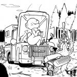 ambiguous_gender anthro backpack duo exclamation_point eyes_closed file male medium_truck plant sitting tree truck_(vehicle) van vehicle darkboss remi_(darkboss) bear human mammal broken 1:1 black_and_white monochrome