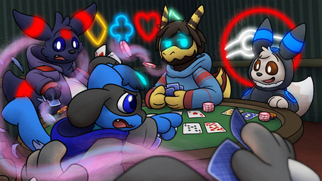 ace_of_hearts ambiguous_gender anthro black_body black_fur blue_body blue_eyes blue_fur brown_eyes card clothing first_person_view fur hoodie jack_of_spades machine neon_lights playing_card poker poker_chip poker_table seven_of_spades species_transformation ten_of_hearts topwear transformation crizbn nintendo pokemon uno uno_reverse_card android eevee eeveelution generation_1_pokemon generation_2_pokemon generation_4_pokemon pokemon_(species) riolu robot shiny_pokemon umbreon 16:9 hi_res widescreen