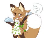 anthro apron avocado brown_body brown_eyes brown_fur clothing dipstick_tail female female_anthro food fruit fur gloves_(marking) hair holding_object leg_markings looking_at_viewer markings plant platter simple_background socks_(marking) solo spatula standing tail tail_markings text tools white_body white_fur conditional_dnp fiddleafox averi_(fiddleafox) canid canine fox mammal red_fox true_fox english_text