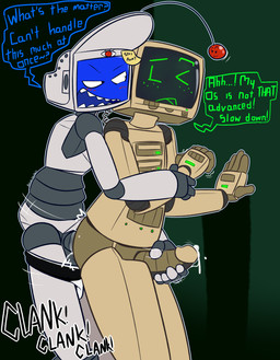 anal anal_penetration blush bodily_fluids clothed clothing computer cum dialogue duo electronics erection for_a_head genital_fluids genitals glans handjob humanoid_genitalia humanoid_penis machine male male/male male_penetrated male_penetrating male_penetrating_male narrowed_eyes not_furry open_mouth partially_clothed penetration penile penile_penetration penis penis_grab penis_in_ass reach_around sex sound_effects standing teeth text underwear underwear_down felino ibem_(fr0gv0re) humanoid object_head robot robot_humanoid 2019 absurd_res english_text hi_res