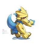 ambiguous_gender anthro armor blue_body chibi gold_(metal) gold_armor looking_at_viewer looking_back red_eyes simple_background solo white_background youzaiyouzai112 bandai_namco digimon digimon_(species) magnamon scalie hi_res