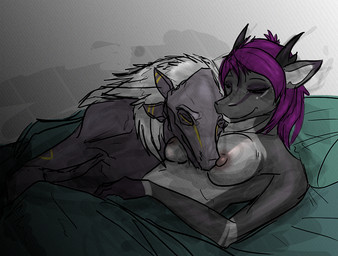 anthro bed bed_sheet bedding breasts duo eyes_closed female furniture grey_body hair head_on_chest horn male male/female multicolored_body purple_hair smile white_hair deezmo xii_hm mythology deezmo_(character) dragon mythological_creature mythological_scalie scalie 2012