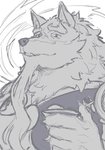 5_fingers anthro container cup facial_hair fingers fur holding_container holding_cup holding_object humanoid_hands male simple_background solo white_background ixkouu sdorica law_(sdorica) canid canine canis mammal wolf 2020 greyscale monochrome