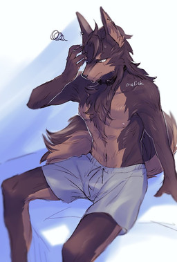 anthro bed boxers_(clothing) boxers_only brown_body brown_fur clothed clothing collar ear_piercing fur furniture hair male multicolored_body navel on_bed piercing sitting sitting_on_bed solo tail topless tuft two_tone_body underwear underwear_only melick36884 neverness_to_everness skia_(neverness_to_everness) canid canine canis mammal wolf 2026