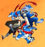 accessory anthro blue_body blue_fur boxing_gloves claws clothing evolutionary_family eyewear eyewear_on_head feral fur group handwear headband jet_pack pawpads scarf sunglasses sunglasses_on_head yellow_eyes dahecksajerry bandai_namco digimon canid canine digimon_(species) gaogamon gaomon machgaogamon mammal hi_res