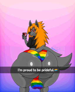 anthro balls_outline big_bulge big_butt biped bubble_butt bulge bulge_from_behind butt cellphone clothing detailed_bulge electronics eyelashes femboy fur genital_outline grey_body grey_fur hair holding_cellphone holding_object holding_phone holding_smartphone huge_butt lgbt_pride looking_at_viewer male male_anthro multicolored_clothing multicolored_panties multicolored_underwear nails orange_hair panties phone rainbow_clothing rainbow_panties rainbow_underwear red_sclera smartphone solo sweater tail text thick_thighs topwear underwear white_eyes wide_hips mgdire671 lgbt_pride_month mythology dash_(mgdire671) canid canid_demon canine canis demon hellhound hellwolf mammal mythological_canine mythological_creature wolf 2026 absurd_res digital_media_(artwork) hi_res