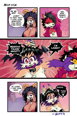 alternative_fashion anarchy_symbol anthro big_breasts black_choker black_clothing black_hair black_jewelry black_necklace black_speech_bubble black_topwear bra bra_peek breasts brown_body brown_fur cheek_tuft chest_wraps choker cleavage clothed clothing curly_hair dialogue ear_piercing eyeshadow facial_tuft female flapping_head_wings flapping_wings floppy_ears fur goth grey_eyes group hair head_wings highlights_(coloring) horn huge_breasts industrial_piercing industrial_piercing_ladder jewelry makeup mistaken_identity moai_statue multicolored_hair necklace orange_body orange_fur piercing pink_highlights purple_body purple_eyeshadow purple_fur purple_hair purple_sclera red_body red_bra red_clothing red_eyes red_fur red_underwear sharp_teeth shove teeth text topwear trio tube_top tuft two_tone_hair underwear unusual_wing_placement white_body white_fur wings wraps yellow_eyes boker laura_derose lilith_(boker) val_(boker) bat-eared_fox bovid canid canine canis caprine fox goat mammal red_wolf wolf 2:3 artist_name comic english_text signature