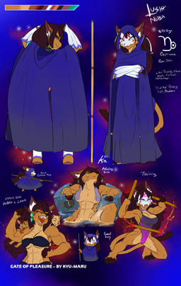 anthro bandeau bare_shoulders brown_body brown_fur clothing female fur gem green_eyes hair mask multicolored_hair muscular one-piece_swimsuit reff scar solo staff swimwear text topwear kyu-maru lushy_(kyu-maru) canid canine canis felid hybrid jackal lion mammal pantherine absurd_res english_text hi_res