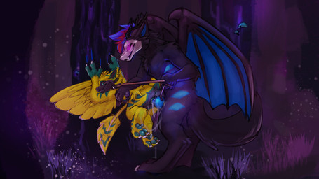 3_fingers 3_toes 4_ears anthro black_body black_feathers black_fur black_teeth blue_body blue_fur blue_wings bone duo feathers feet female fingers forest forest_background fur genitals glowing glowing_eyes glowing_genitalia glowing_markings glowing_penis green_hands green_pawpads green_tongue hair male male/female markings multi_ear multicolored_body multicolored_feathers multicolored_fur multicolored_hair nature nature_background pawpads penis plant skull skull_head teeth toes tongue tree wings yellow_body yellow_feathers yellow_fur linsavage loxiethedragonfox zaino mythology lemon_(linsavage) loxie_(loxiethedragonfox) avali avian canid canine deer dragon fox hybrid mammal mythological_creature mythological_scalie scalie skulldog_(species) absurd_res hi_res