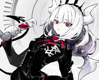 5_fingers accessory beverage breasts business_suit clothing container cup drinking_glass female fingers glass glass_container glass_cup grey_background hair hair_accessory hairband holding_glass holding_object horn long_hair looking_at_viewer markings mole_(marking) necktie not_furry occult_symbol red_eyes sigil sigil_of_lucifer simple_background solo spade_tail suit symbol tail white_body white_hair white_horn white_skin wine_glass kusakanmuri helltaker lucifer_(helltaker) demon demon_humanoid humanoid
