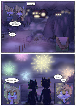 anthro blonde_hair blue_eyes clothed clothing dialogue duo female fireworks hair male open_mouth open_smile smile speech_bubble tail text young young_anthro young_female young_male galo tammy_(tycloud) tycloud canid canine fox mammal absurd_res comic english_text hi_res cousins_(lore)