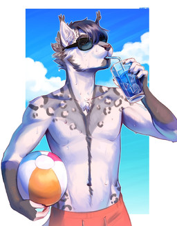 5_fingers anthro clothed clothing day detailed_background eyewear fingers fur glasses hair male outside sky solo topless dannoitanart felid leopard mammal pantherine 2021 digital_media_(artwork) hi_res