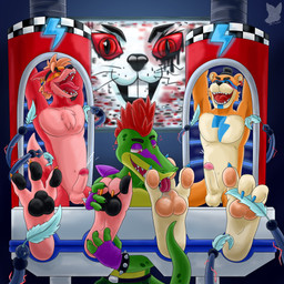 3_toes 4_fingers anthro balls black_nose black_pawpads bodily_fluids brown_body brown_fur buckteeth cheek_tuft chest_tuft claws clothing cum ear_piercing ear_ring ejaculation erection eyebrows eyes_closed facial_tuft featureless_chest feet finger_claws fingerless_gloves fingers foot_fetish foot_lick foot_play fur fur_tuft genital_fluids genitals gloves green_body green_scales group hair handwear laugh licking loose_feather male male/male multicolored_body open_mouth open_smile orange_hair pawpads paws pecs penis piercing purple_clothing purple_fingerless_gloves purple_gloves purple_handwear red_body red_fur red_mohawk red_sclera red_tongue restrained restraints ring_piercing robot_arms scales smile stocks tail tail_tickle tan_body tan_fur teeth tickle_fetish tickle_lick tickle_torture tickling tickling_armpits tickling_feet tickling_machine tickling_sides toe_claws toes tongue tongue_out tuft whiskers misterfuchs five_nights_at_freddy's five_nights_at_freddy's:_security_breach scottgames steel_wool_studios glamrock_foxy_(fnaf) glamrock_freddy montgomery_gator vanny_(fnaf) alligator alligatorid bear canid canine crocodilian fox lagomorph leporid mammal rabbit reptile scalie 1:1 absurd_res hi_res