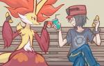 container cup disposable_cup duo female fur holding_container holding_cup holding_object male red_body red_eyes red_fur yellow_body yellow_fur gd-058 nintendo pokemon calem_(pokemon) canid canine delphox generation_6_pokemon human mammal pokemon_(species)