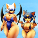 1:1 2023 absurd_res animal_crossing ankha_(animal_crossing) anthro bat bat_wings big_breasts black_claws black_eyes black_wings blue_background blue_body blue_clothing blue_eyeshadow blue_fur blue_hair blue_swimwear breasts claws cleavage clothed clothing colored_nails crossover domestic_cat duo egyptian_headdress eyelashes eyeshadow felid feline felis female fur green_eyes hair hi_res huge_breasts makeup mammal markings membrane_(anatomy) membranous_wings nails navel_outline nintendo nyarlarsche one-piece_swimsuit open_mouth pink_nails purple_clothing purple_swimwear rouge_the_bat sea sega short_hair short_stack simple_background sonic_the_hedgehog_(series) striped_markings striped_tail stripes swimwear tail tail_markings tan_body tan_fur thick_thighs water wet white_body white_fur wide_hips wings yellow_body yellow_fur