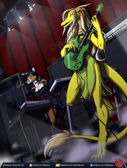 amplifier anthro blonde_hair boots chinese claws clothing concert dress duo electric_guitar female fishnet_clothing fishnet_legwear footwear guitar hair holding_guitar holding_musical_instrument holding_object horn inside keyboard_instrument legwear microphone_stand musical_instrument musical_keyboard musician playing_guitar playing_music plucked_string_instrument shoes stage_lights standing string_instrument tail text predaguy mythology yang-li deer dragon mammal mythological_creature mythological_scalie scalie oriental digital_media_(artwork) english_description hi_res url