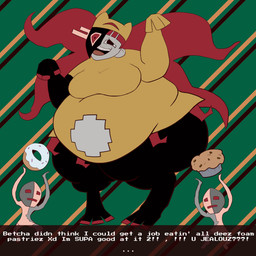 dancing digitigrade female food hair holding_food holding_object morbidly_obese obese overweight red_hair text hydropilled ena:_dream_bbq ena_(series) taski_maiden_(ena) felid feline humanoid mammal taski_maiden_companion 1:1 english_text hi_res