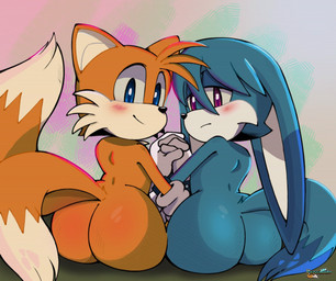 abstract_background anthro big_butt biped black_nose blue_body blue_eyes blue_fur blush blush_lines bottom_heavy butt butt_focus clothing duo floppy_ears fur gloves gradient_background hand_holding handwear looking_at_viewer looking_back looking_back_at_viewer male male/male orange_body orange_fur pink_eyes shortstack shortstack_male shota simple_background sitting smile smiling_at_viewer text textured_background white_clothing white_gloves white_handwear young young_anthro young_male pepamintop idw_publishing sega sonic_the_hedgehog_(comics) sonic_the_hedgehog_(idw) sonic_the_hedgehog_(series) kitsunami_the_fennec miles_prower canid canine fennec_fox fox mammal red_fox true_fox 2022 artist_name digital_drawing_(artwork) digital_media_(artwork) hi_res