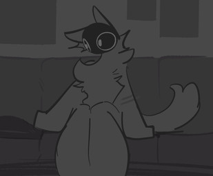 animal_genitalia anthro balls canine_genitalia dialogue fluffy fluffy_chest fluffy_tail fur furniture genitals grey_body grey_fur male penile_spines penis sheath silly sitting sofa solo spread_legs spreading tail tail_flick tail_motion tailwag talking_to_viewer dragonbooper animated hi_res monochrome