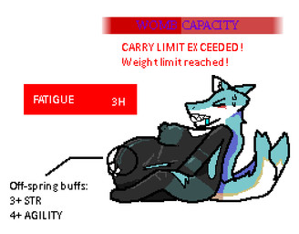 anthro bodily_fluids breasts clothing female gameplay_mechanics hyper hyper_pregnancy immobile latex latex_clothing latex_skinsuit nipple_outline pregnant pregnant_anthro pregnant_female skinsuit solo sweat sweatdrop tail text tight_clothing torn_clothing aghere mealima_fly_nchivit canid canine canis hybrid mammal sergal wolf aliasing digital_media_(artwork) english_text