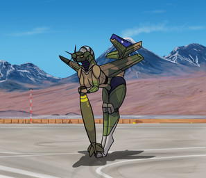 aircraft airplane anthro back_wings bomb breasts camo camo_body cockpit explosives featureless_breasts female fin green_body machine metallic_body mountain mountain_range not_furry nude nude_anthro nude_female outside propeller sand sky smile solo tail tail_fin vehicle wings qwerty1989 aeromorph living_aircraft living_machine living_vehicle digital_media_(artwork)