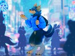 anthro backpack black_backpack black_body black_claws black_fur blue_clothing blue_hoodie blue_topwear brown_eyes city cityscape claws clothing crotch_tuft cybernetics digitigrade fur group handpaw hindpaw hoodie inner_ear_fluff machine male multicolored_tail neck_tuft night paws photo_background rain_drops raining silhouette solo_focus tail tan_ears tan_inner_ear tan_inner_ear_fluff text topwear tuft two_tone_tail umbrella sketchrabbit ylsun_(y15un) canid canine canis domestic_dog hunting_dog mammal terrier yorkshire_terrier 2021 digital_media_(artwork) digital_painting_(artwork) hi_res korean_text mixed_media photography_(artwork)