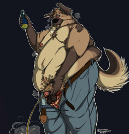alcohol anthro balls beer belly belly_overhang beverage blue_bottomwear blue_clothing blue_jeans blue_pants blush bodily_fluids body_hair bottomwear boxers_(clothing) chest_hair chest_tuft clothing denim denim_bottomwear denim_clothing drunk genital_fluids genitals happy_trail jeans love_handles male moobs nipples obese obese_male overweight overweight_male pants peeing penis relieved saggy_balls solo steam substance_intoxication tuft underwear urine urine_stream watersports southernyote canid canine canis domestic_dog german_shepherd herding_dog mammal pastoral_dog hi_res