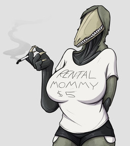 5_fingers anthro big_breasts black_bottomwear black_clothing black_shorts bottomwear breasts cigarette clothed clothing crossgender eyeless female fingers grin hand_behind_back non-mammal_breasts rental_mommy_shirt shirt shorts simple_background smile solo t-shirt teeth text text_on_clothing text_on_shirt text_on_topwear topwear white_background white_clothing white_shirt white_topwear keadanger meme_clothing rental_mommy scp_foundation scp-682 lizard reptile scalie 2019 absurd_res digital_media_(artwork) english_text hi_res meme