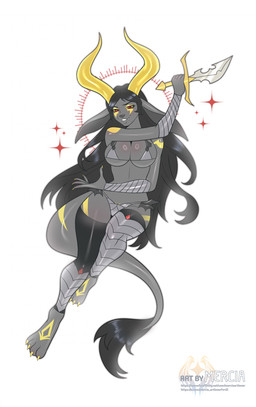 anthro armor aroused big_breasts bikini_armor black_hair breasts cleavage clothed clothing dagger demonic female feminine hair horn long_ears long_hair long_tail markings_on_body melee_weapon metal_bikini red_eyes solo tail unconvincing_armor weapon merciaartlover belza_(alphaleader) canid canine canis demon domestic_dog hybrid mammal succubus wolf absurd_res hi_res