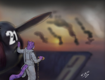 aircraft airplane black_smoke bodily_fluids bullet_hole cat_tail cloud cloudy_sky contemplative crying fallen_soldier flight_suit fur holding_object horizon pouring_liquid purple_body purple_fur rear_view sky smoke sunset tears vehicle world_war_2 sunitai felid feline jaguar mammal pantherine hi_res