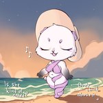 anthro beach chibi clothing dialogue eye_markings eyes_closed female markings sea singing solo swimwear water kuth3re twister_(syl) lagomorph leporid mammal rabbit 1:1 hi_res