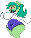 anthro big_breasts bottomwear bouncing_breasts breasts clothed clothing female fully_clothed green_body green_skin hair huge_breasts ponytail red_sclera shorts simple_background smile snaggle_tooth solo thick_thighs white_background wide_hips ponk cartoon_network ok_k.o.!_let's_be_heroes adult_fink fink_(ok_k.o.!_lbh) mammal murid murine rat rodent 2019