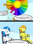 2018 anatomically_correct anatomically_correct_genitalia anatomically_correct_penis animal_genitalia animal_penis balls bdsm blue_background blue_eyes blue_hair blush bodily_fluids bondage bondage_chair bondage_furniture bound braeburn_(mlp) chair comic confusion dialogue english_text equid equine equine_genitalia equine_penis erection fan_character featureless_crotch feral friendship_is_magic fur furniture game_show genitals green_body green_eyes green_fur group hair hasbro hi_res horn horse killian_joy male male/male mammal mane medial_ring my_little_pony mythological_creature mythological_equine mythology on_chair orange_hair penis pony question_mark questionable_consent restraints shining_armor_(mlp) simple_background sitting sitting_on_chair slave smile speech_bubble sweat text unicorn unicorn_horn wheel white_body white_fur yellow_body yellow_fur