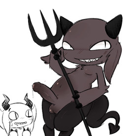 anthro bodily_fluids duo genital_fluids holding_object horn male male/male precum sharp_teeth standing teeth anonymous_artist mewgenics cloaked_demon_(mewgenics) hot_poker_(mewgenics) bovid caprine caprine_demon demon goat_demon mammal hi_res