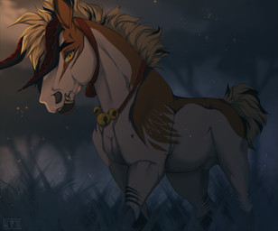 2_horns animal_genitalia bell black_hair brown_body brown_fur cloud demonic fangs feral fur fur_markings genitals grass hair head_horn horn male markings multicolored_body multicolored_fur multicolored_hair outside plant sheath sky solo tail teetch teeth text two_tone_body two_tone_fur two_tone_hair two_tone_tail white_body white_fur white_hair yellow_eyes shyryp demon equid equine horse mammal absurd_res digital_media_(artwork) english_text hi_res