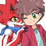 anthro blush brown_hair claws duo hair horn male one_eye_closed red_body scarf wink yellow_eyes hamu_ym bandai_namco digimon digimon_ghost_game hiro_amanokawa betelgammamon digimon_(species) human mammal 1:1