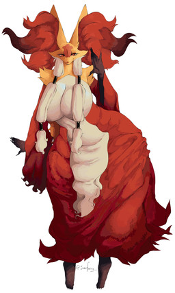 anthro big_breasts breasts claws female female_anthro fur gesture hair huge_breasts inner_ear_fluff looking_at_viewer orange_body orange_fur red_body red_eyes red_fur simple_background smile solo standing thick_thighs tied_hair tuft waving waving_at_viewer white_background white_body white_fur wide_hips yellow_body yellow_fur sarifairy nintendo pokemon pokemon_legends_z-a generation_9_pokemon mega_delphox mega_evolution pokemon_(species) 2026 absurd_res full-length_portrait hi_res portrait