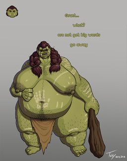 areola arm_hair biped body_hair bottomwear breasts clothed clothing eyebrows female fingers hair humanoid_pointy_ears leg_hair loincloth loincloth_only nipples not_furry obese overweight overweight_female overweight_humanoid pointy_ears solo text thick_thighs topless topless_female topless_humanoid tusks toby_art humanoid orc english_text hi_res